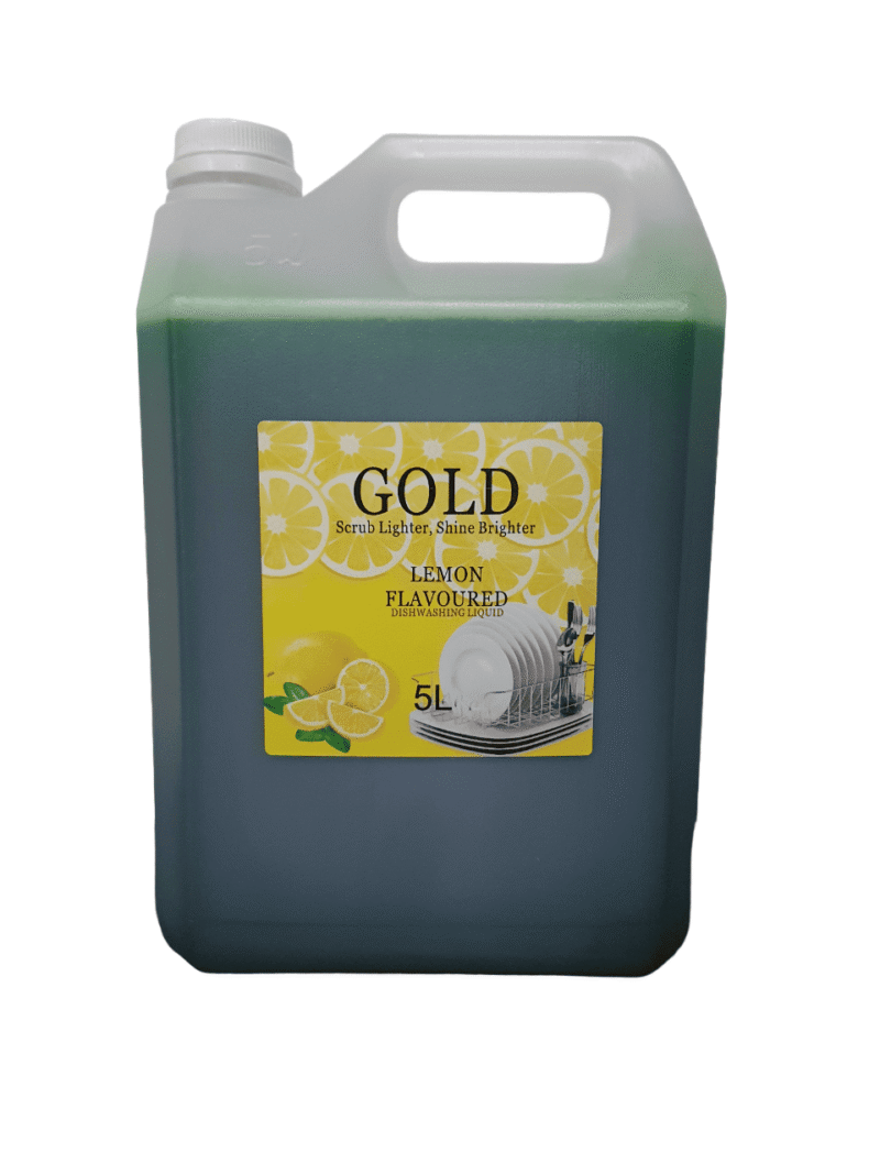 Clear 5 Litre plastic bottle with a green liquid inside of Lemon Scented Dishwashing Liquid