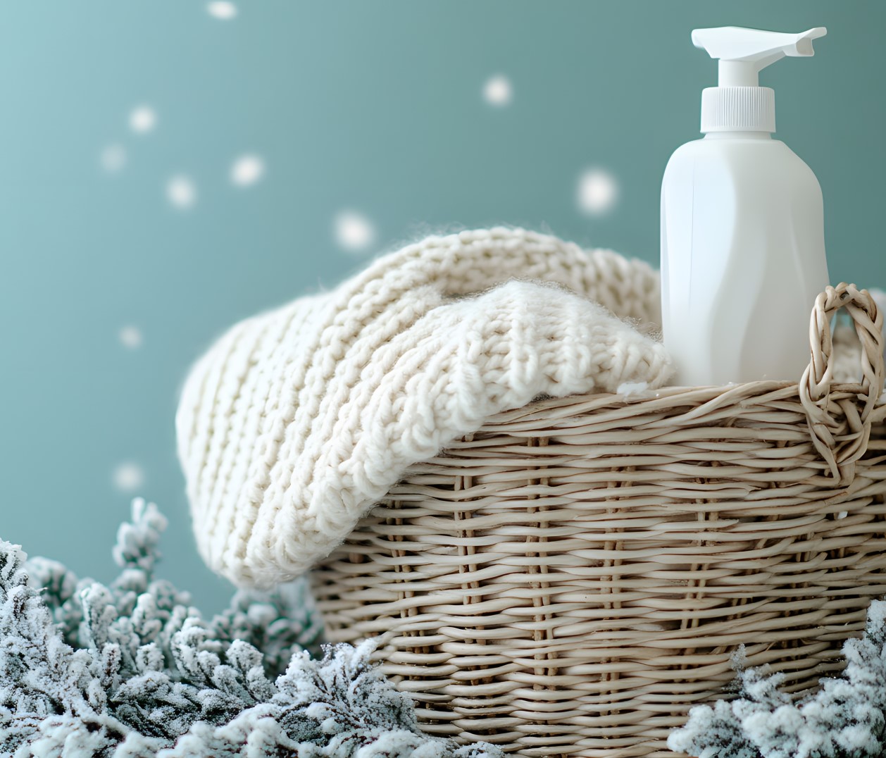 Clothing in a clothing basket after being washed with a bottle of liquid detergent sitting in the basket