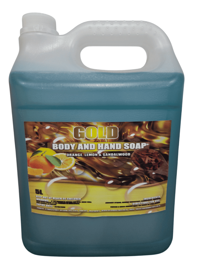 Clear Bottle with a pouring handle of Liquid Sandalwood Orange and Lemon Body Wash