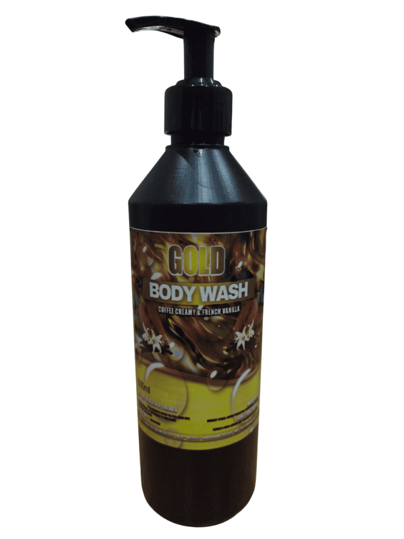 Black Bottle with a Hand Pump of Liquid Body Wash Creamy Coffee and French Vanilla