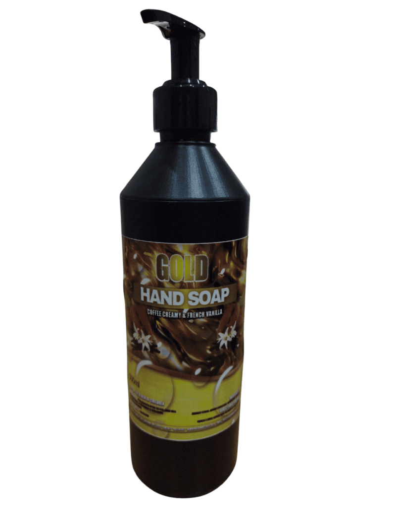 A 500ml Blsck Hand Pump Bottle of Liquid Hand Soap that is Coffee Creamy & French Vanilla Scented